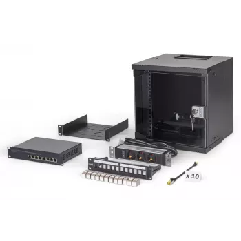 DIGITUS SOHO PRO 6U 10 inch Wall-Mount Network Cabinet Set with 8-Port Gigabit Switch, 12-Port Cat 6A Patch Panel, Shelf, Power Strip and 10 Patch Cables