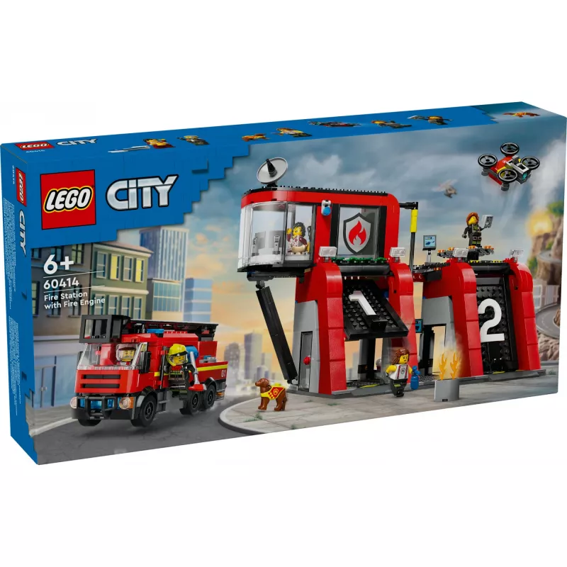 Construction Toy LEGO City Fire Station with Turntable Ladder Vehicle 60414 — 843 pieces, 5 minifigures, 220×320×140 mm