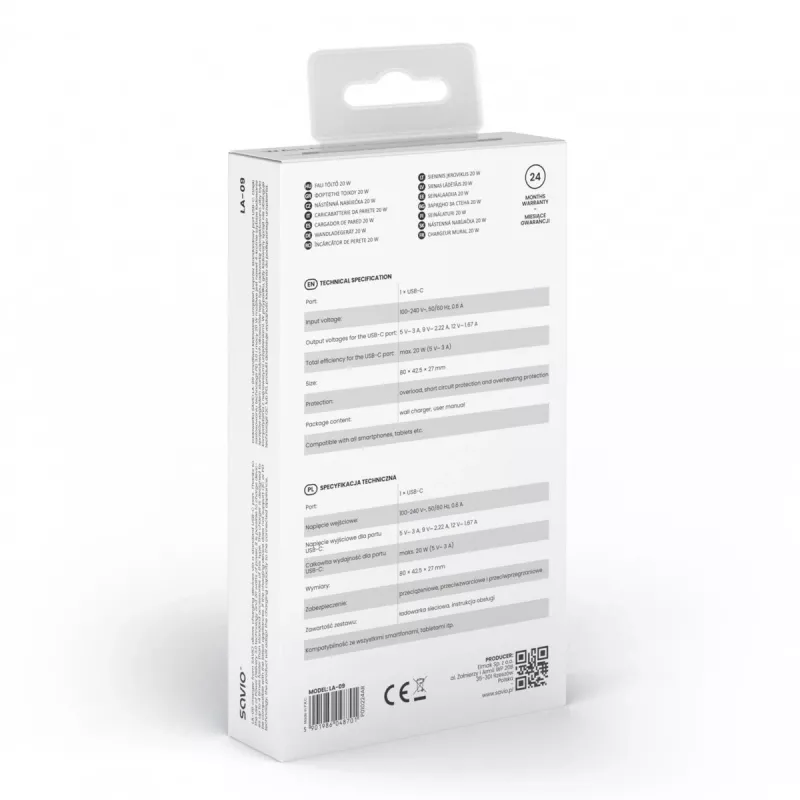 Wall Charger 20W LA-09 USB-c Qc, Pd 3.0 Savio SAVLA-09