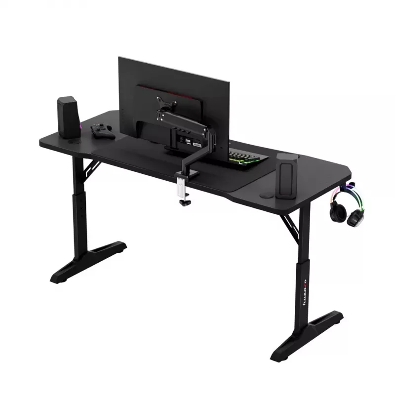 Gaming desk huzaro Hero 3.6 — rectangular 1400×600 mm, height adjustable 560–790 mm, black, H-legs, 15 mm top