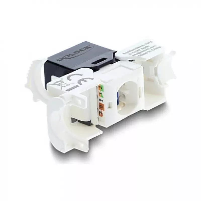 Keystone module RJ45 to LSA Cat.6 UTP with locking clip and cable tie-free — DELOCK 90794, flat black/white, 16.1×30×19.4 mm