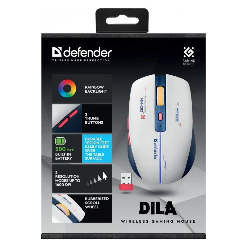 Wireless gaming mouse DEFENDER MM-282 RF — ambidextrous, optical 1800 DPI, 5 buttons, USB, battery-powered