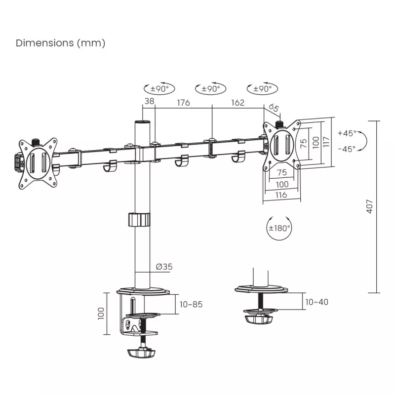 Maclean desk mount for 2 monitors, VESA 75x75 and 100x100, 17-32, 2x 9kg, MC-754N