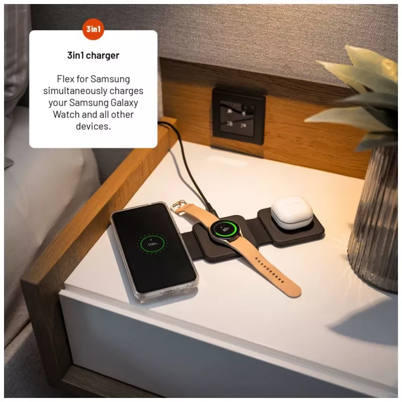 Wireless foldable charger FIXED FIXFLE-SA-BK 3‑in‑1 for Samsung — compact portable charger for phone, earbuds, wearables