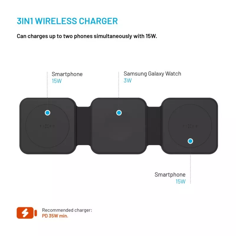 Wireless foldable charger FIXED FIXFLE-SA-BK 3‑in‑1 for Samsung — compact portable charger for phone, earbuds, wearables
