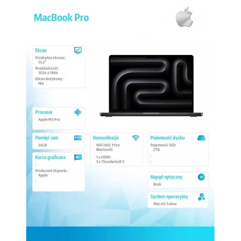 Laptop Apple MacBook Pro 14-inch — M5 Pro 18‑core CPU / 20‑core GPU, 24GB RAM, 2TB SSD, Space Black