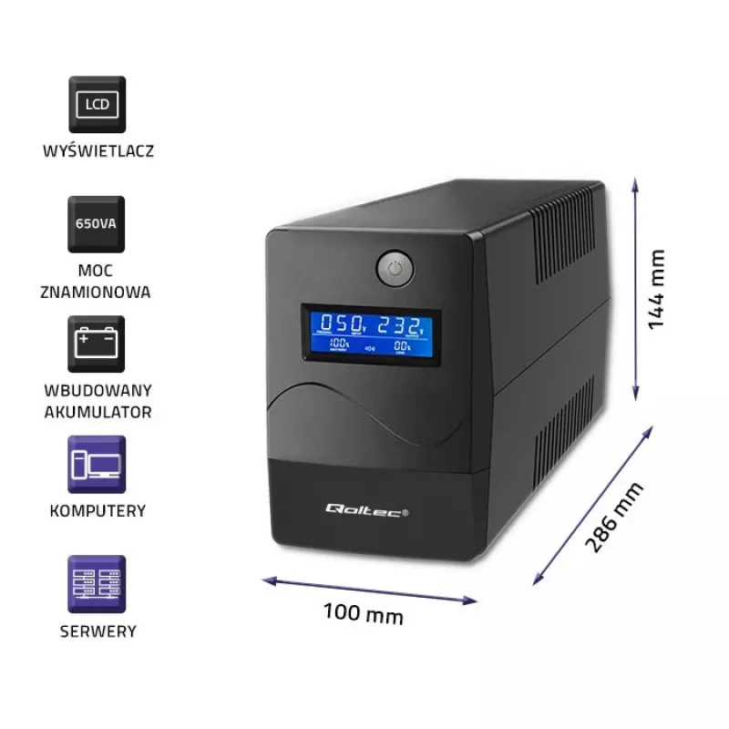 Qoltec Monolith UPS Double-conversion Online 0.65 kVA 360 W 2 AC outlets