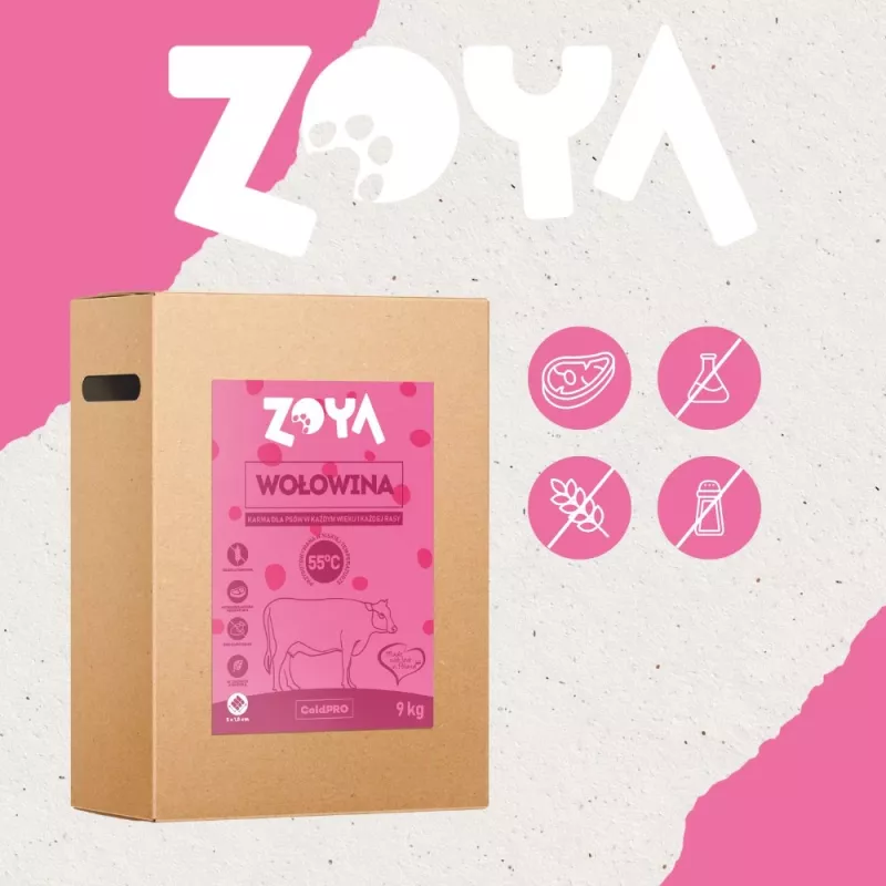 Dry dog food ZOYA ColdPRO Beef 9 kg — complete adult dry food, 27% protein, 9.5% fat, gluten-free, sugar-free