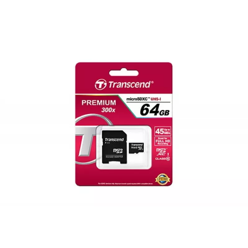 Flash Memory Transcend 64GB MicroSDXC Class 10 Adapter