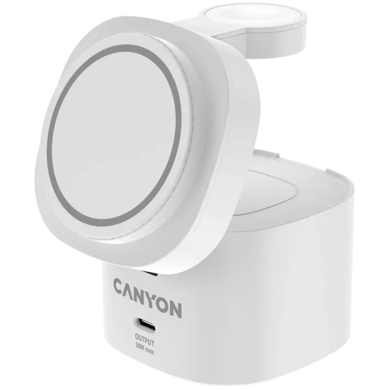Canyon 4 in 1 Wireless Charging Stand, 30W max, Size: 70x70x70.3mm, weight: 414g, with 65W charger and 1M cable, white