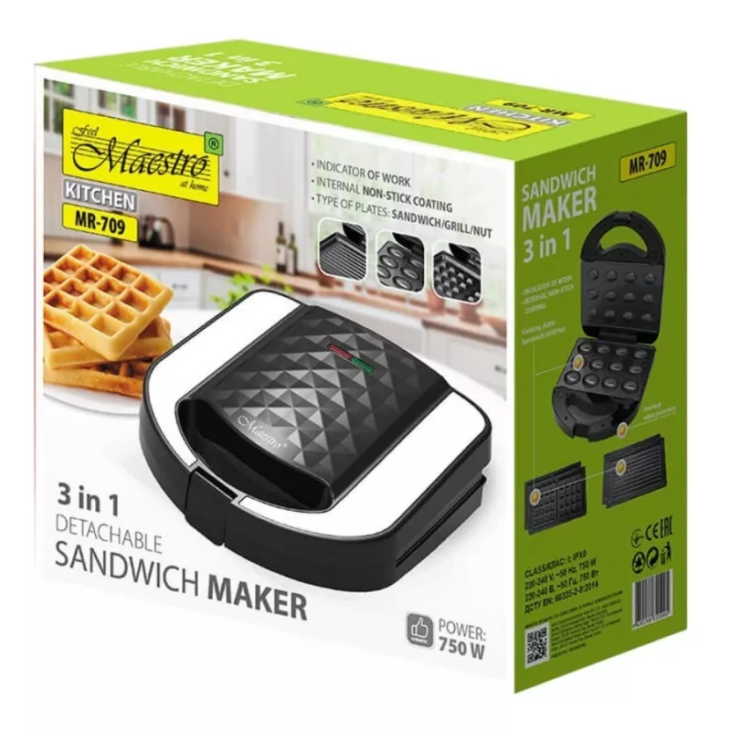 Toaster Sandwich Maker Maestro MR-709 3in1 750W — sandwich press, grill & waffle plates, white
