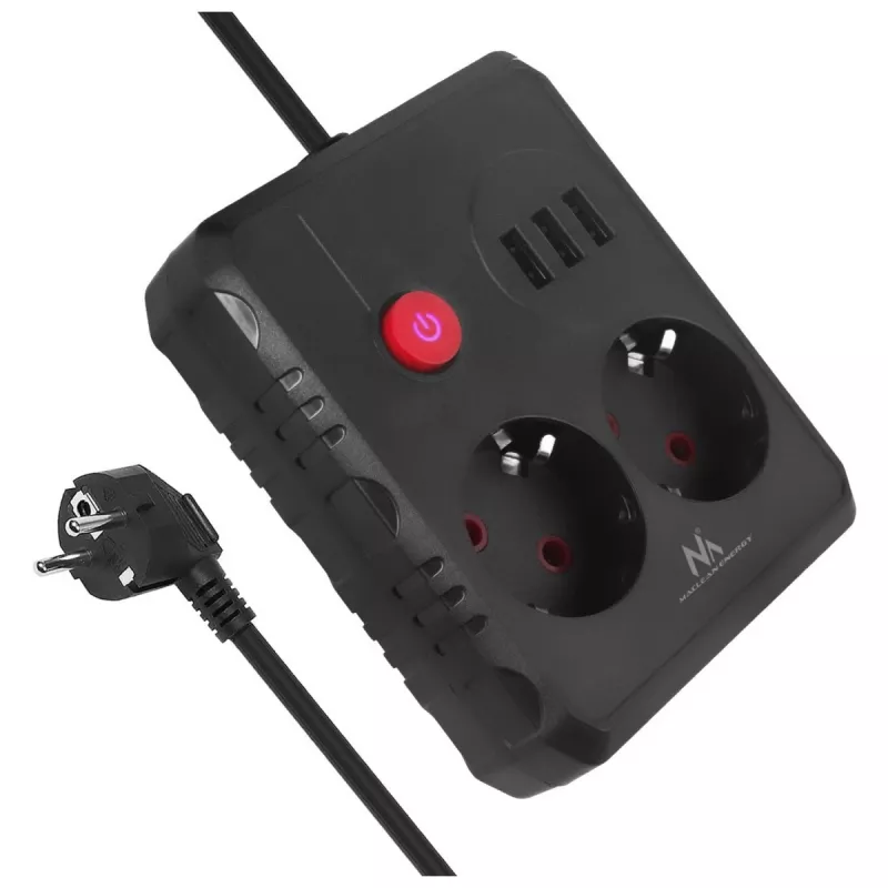 Power strip MACLEAN MCE388 B — 2 AC sockets, 3×USB A, 110–120V 50/60Hz, 2500W, 3 m cable, black