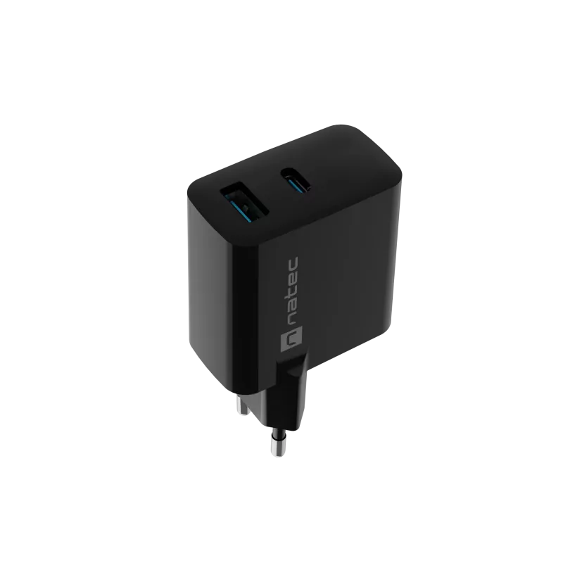 Wired Mobile Device Charger NATEC NUC-2143, 45W, USB-C PD 3.0 + USB-A QC 3.0, 110–240V, Black