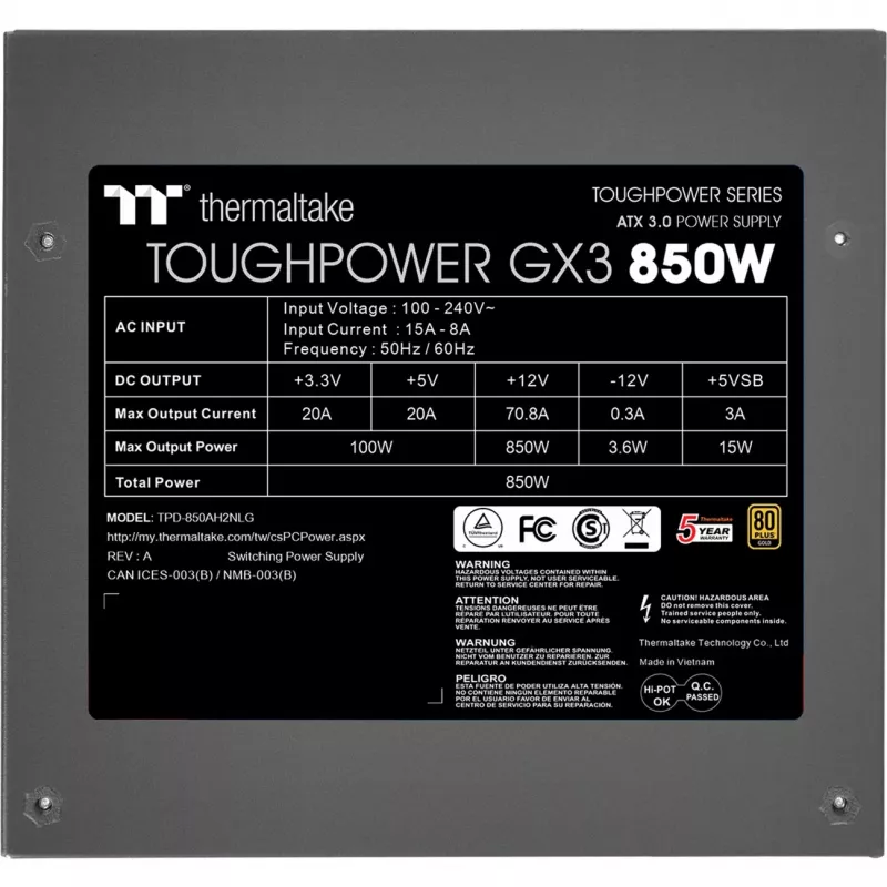 Thermaltake ToughPower GX3 - Power Supply (Internal) - ATX12V 3,0 - EPS12V - 80 PLUS Gold - AC 100-240 V - 850 Watt - Black (PS-TPD-0850NNFAGE-3)