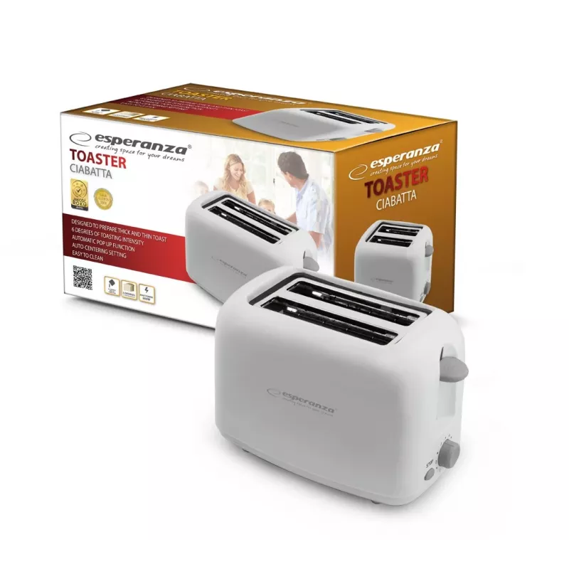 Esperanza EKT002 Ciabatta Toaster, 2 Slots, 600 W, White