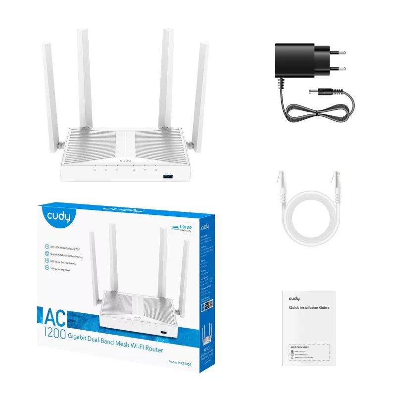 Tabletop wireless router Cudy WR1300S — Dual-band 2.4/5 GHz, Wi‑Fi 5, Gigabit Ethernet, 4 LAN, USB, 4 antennas