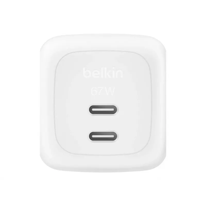 Indoor AC fast charger Belkin WCH020KQ2MWH-B6 — 2x USB‑C, 2 m integrated cable, white