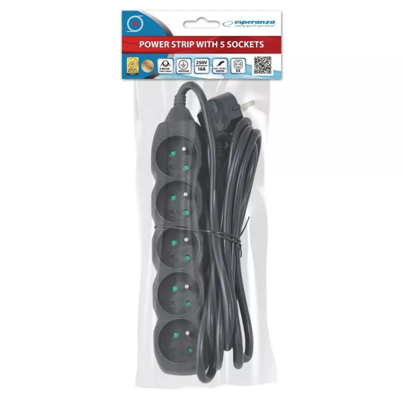 Power strip ESPERANZA ELK208K — 5 sockets, 3 m cable, black