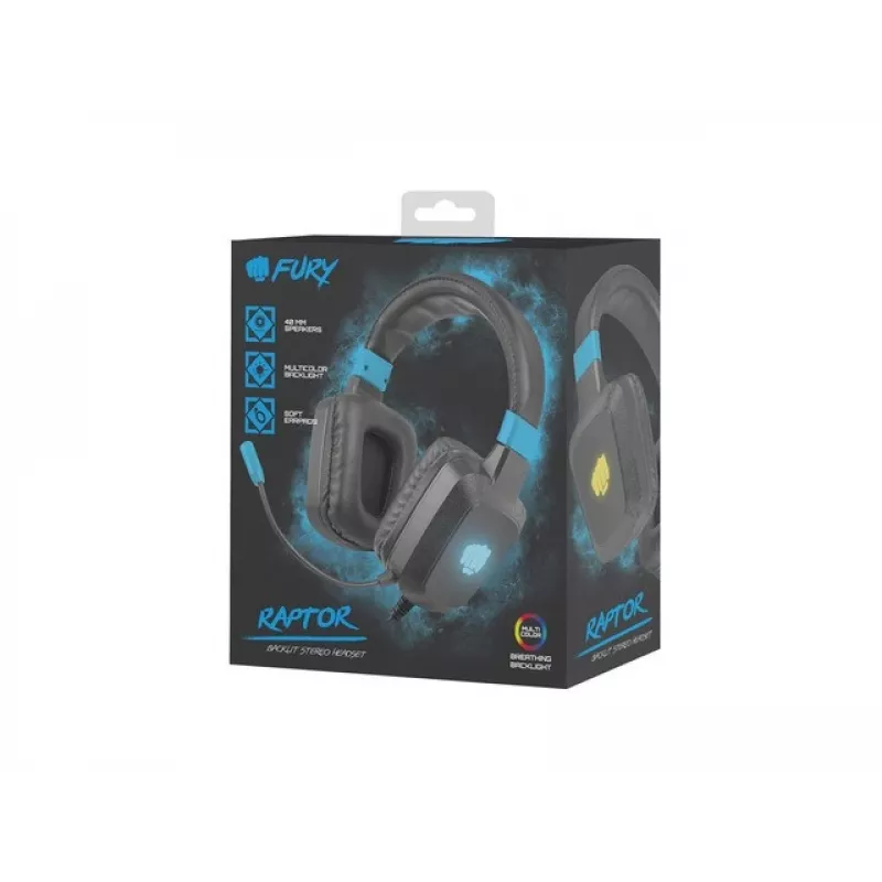 Wired gaming headset Fury NFU-1584 with boom microphone, circumaural, 98 dB, 15–25000 Hz, 2 m cable, USB and 3.5 mm, blue