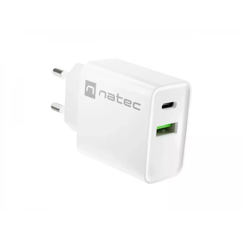 Indoor AC Fast Charging Charger NATEC RIBERA 12V 20W USB-C PD 3.0 + USB-A Samsung AFC White