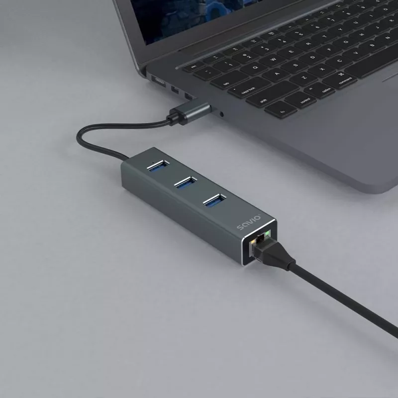 SAVIO USB-A hub with RJ-45 Gigabit Ethernet AK-57 — 3× USB-A + RJ-45, USB 3.2 Gen 1 Micro‑B host, 5 Gbit/s, 4 ports, grey
