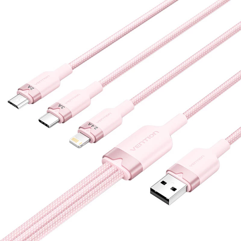 USB 2.0 A to 3in1 3A cable Vention CTPPG 1.5M pink