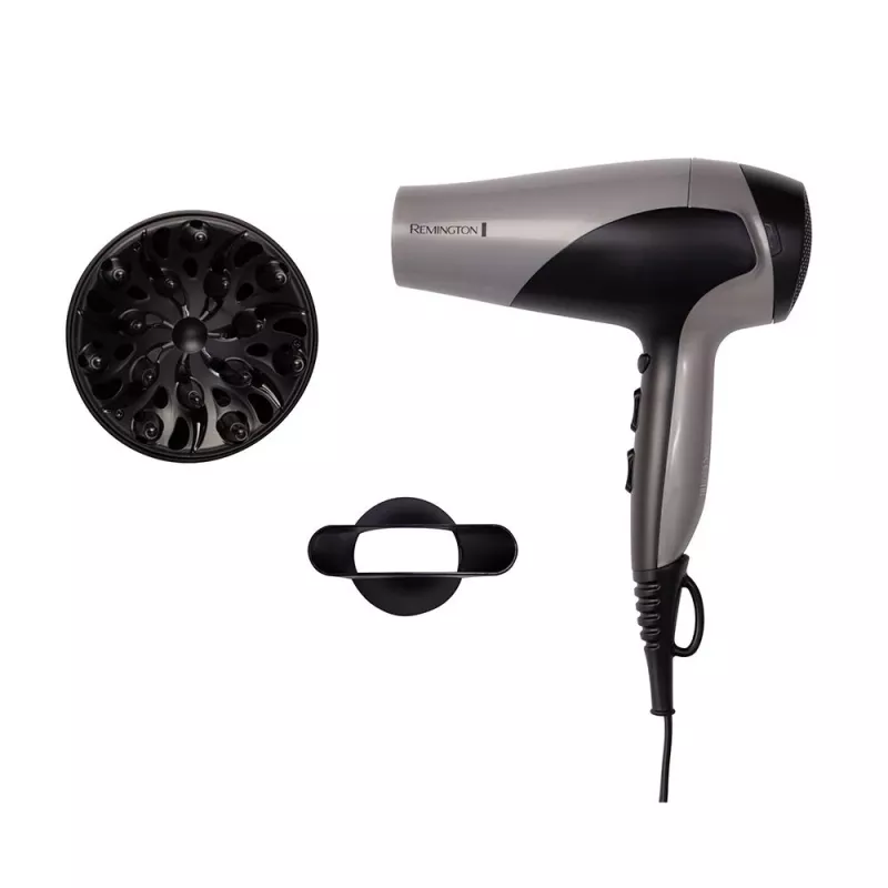 Hair dryer Remington D3190S — 2200 W, ionic, 3 heat levels, 2 speeds, cool shot, diffuser & concentrator (Silver/Black)