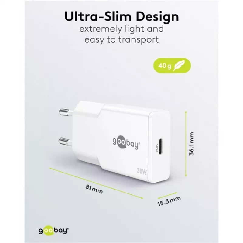 USB-C PD GaN Fast Charger Slim (30 W) (White)