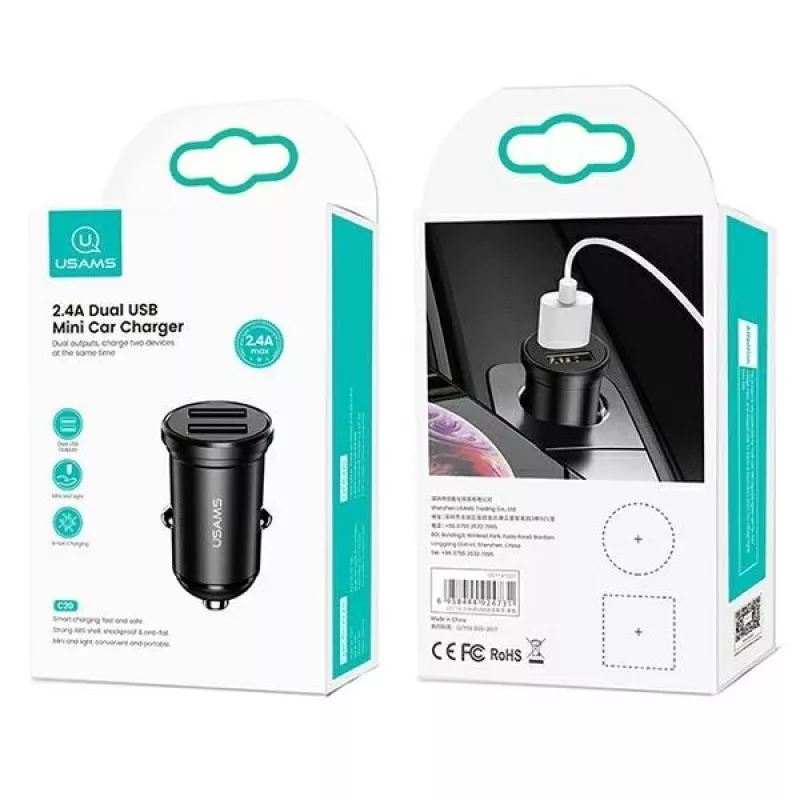 Car Charger usams USA000867 — Dual USB 2×2.4A, Black