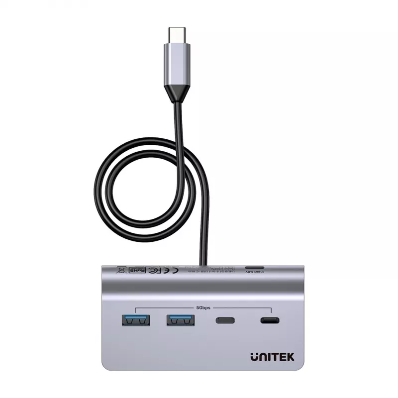 USB hub Unitek H1337AGY01 — 4-port (2×USB-C, 2×USB-A), up to 5 Gbps per port, aluminium, silver