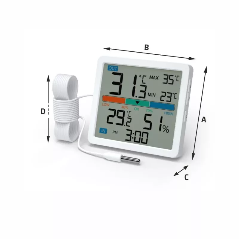 Thermometer‑Hygrometer MANTA MTO002W with external sensor (150 cm), indoor 0–+50°C, outdoor -40–+70°C, humidity 20–95% RH, comfort indicator, clock