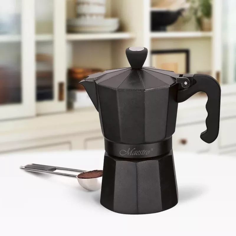 Moka pot Maestro MR-1666-3-BLACK, manual 3-cup aluminium coffee maker, 150 ml, black
