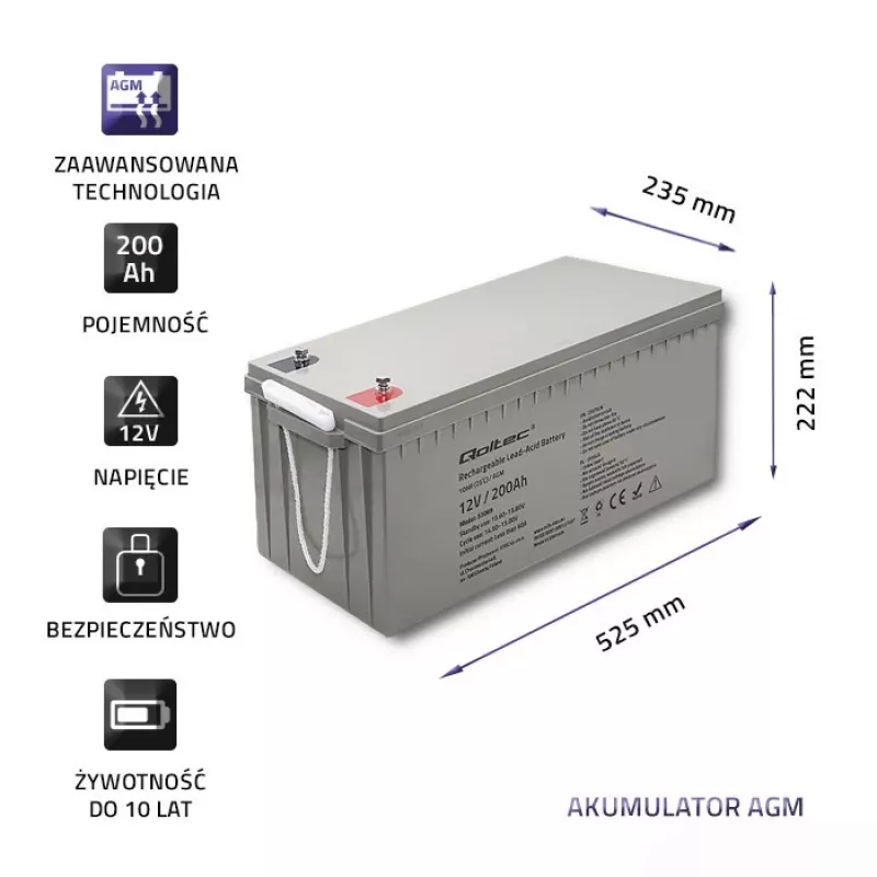 Rechargeable AGM battery QOLTEC 53069 12V 200Ah for backup power and UPS systems