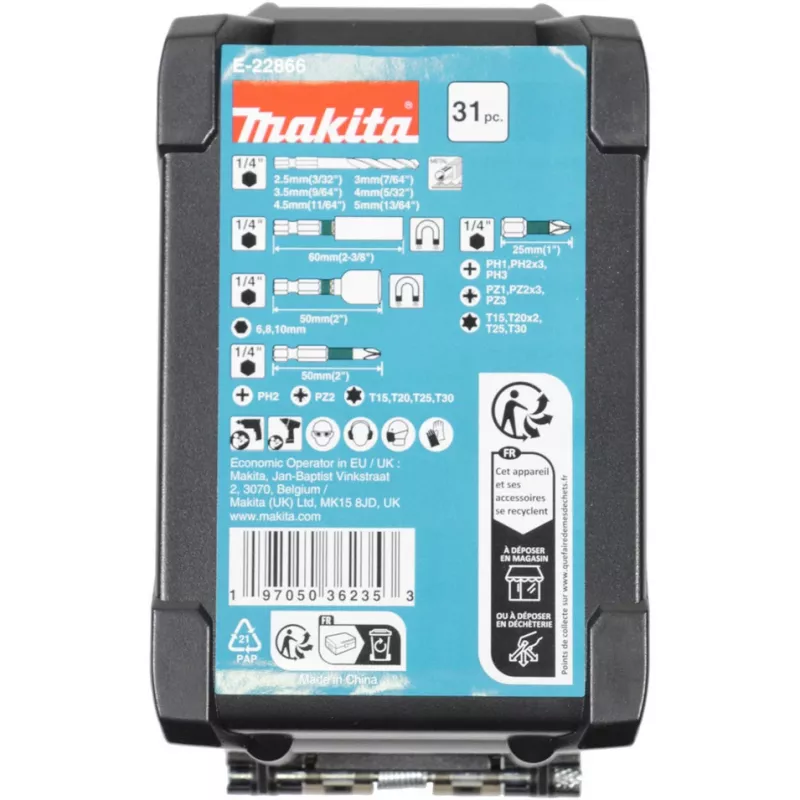 Drill bit set Makita E-22866 — 31 pieces, assorted sizes for wood, metal, masonry