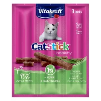 Wet cat treats Vitakraft CatStick Mini Chicken with Grass, 3 pcs — 18 g, meaty chicken flavor, 28% moisture