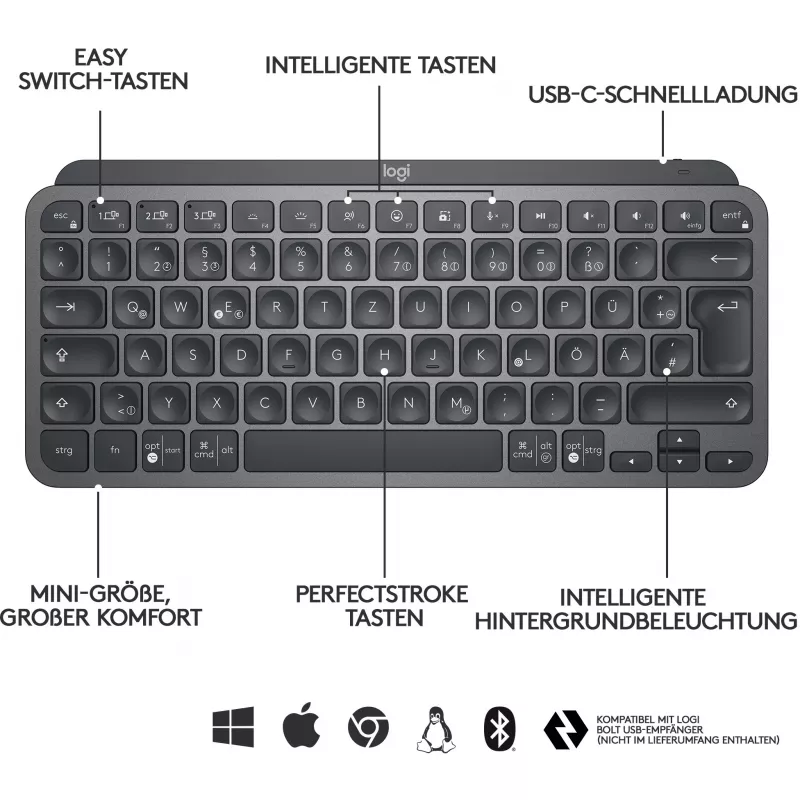 Logitech MX Keys Mini - Keyboard - backlit - Bluetooth - QWERTZ - Swiss - Graphite (920-010485)