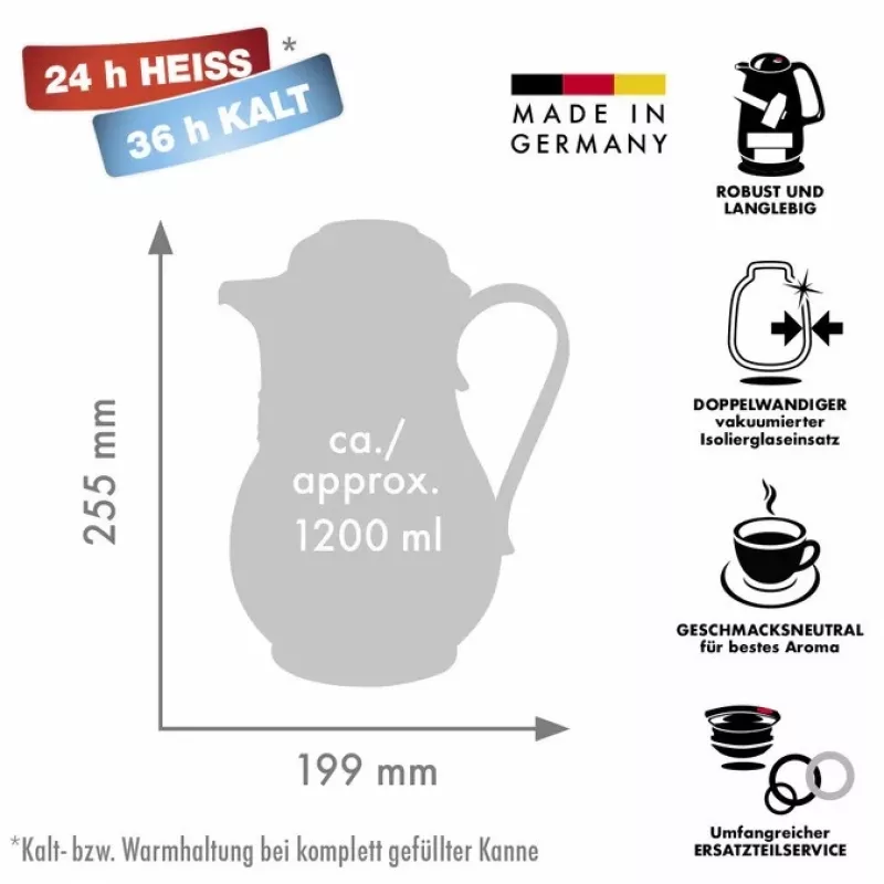 Thermos jug ROTPUNKT 1.2 L, ivory — 24 h hot / 36 h cold, hand grip, 199×255 mm