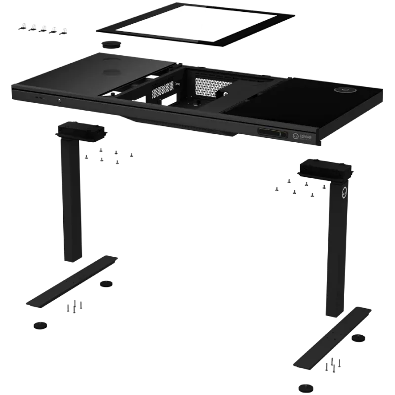Dual-motor sit/stand adjustable-height gaming desk with built-in PC case, wireless charger, RGB lighting, control panel, and USB ports, tempered glass tabletop, black.