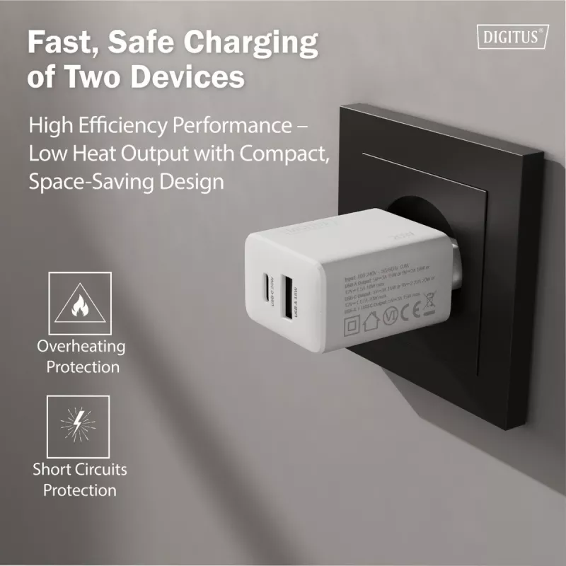 AC USB Charger DIGITUS 20W, 1x USB-C, 1x USB-A, Input 100–240V, White