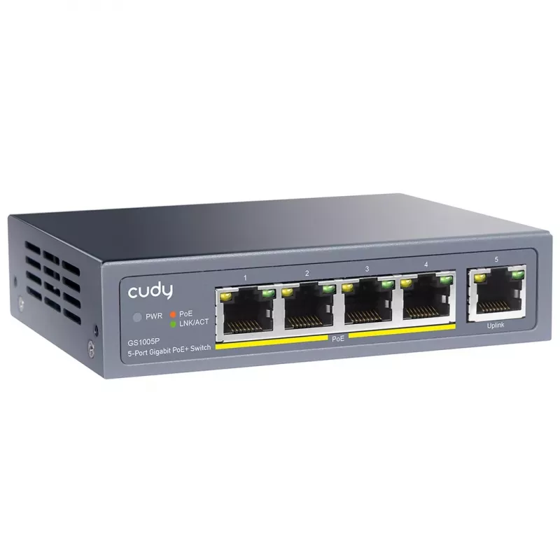 Network switch Cudy GS1005P — 5-port Gigabit Ethernet with 4 PoE ports, 60W total, metal housing, rack mountable