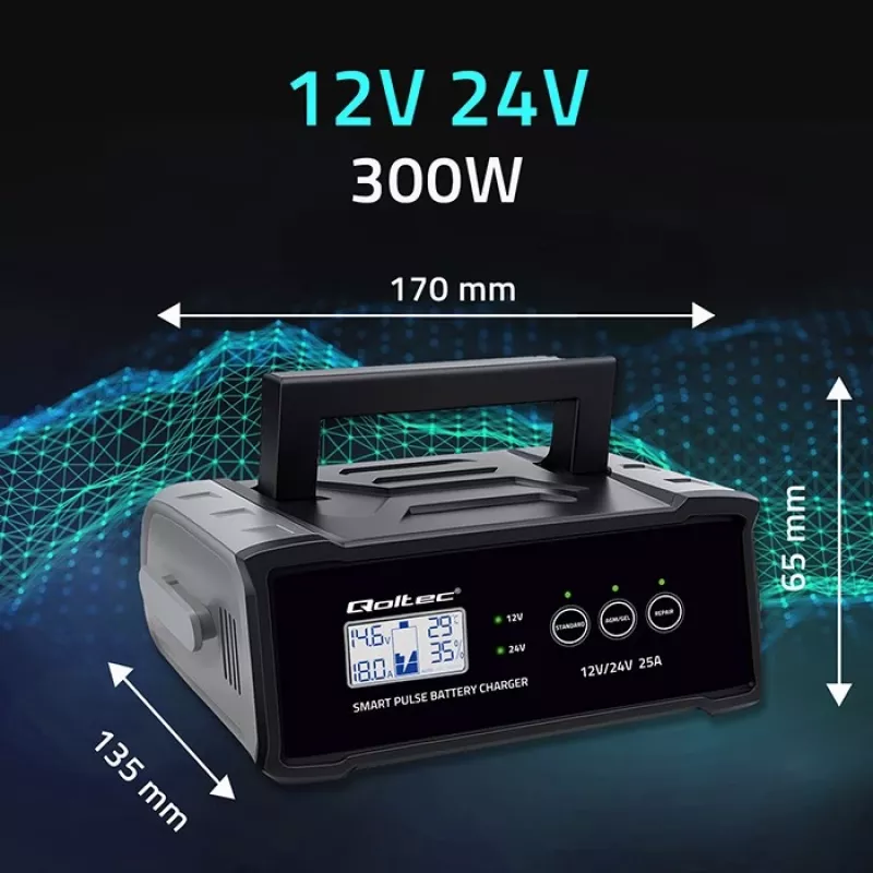 Battery charger QOLTEC 52514 — 12V/24V, 25A, for AGM/GEL/SLA batteries with LCD display