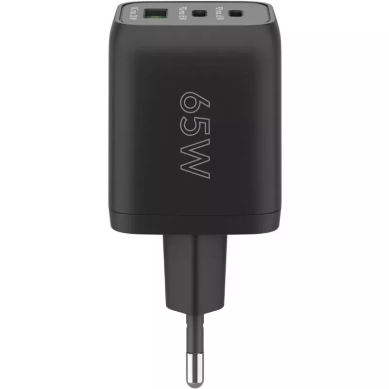 USB-C Fast Charger Nano, PD, GaN, 65 Watt, USB-C Braided Cable (black, 1x USB-A, 2x USB-C PD, Quick Charge 3.0, 1 Meter Cable)