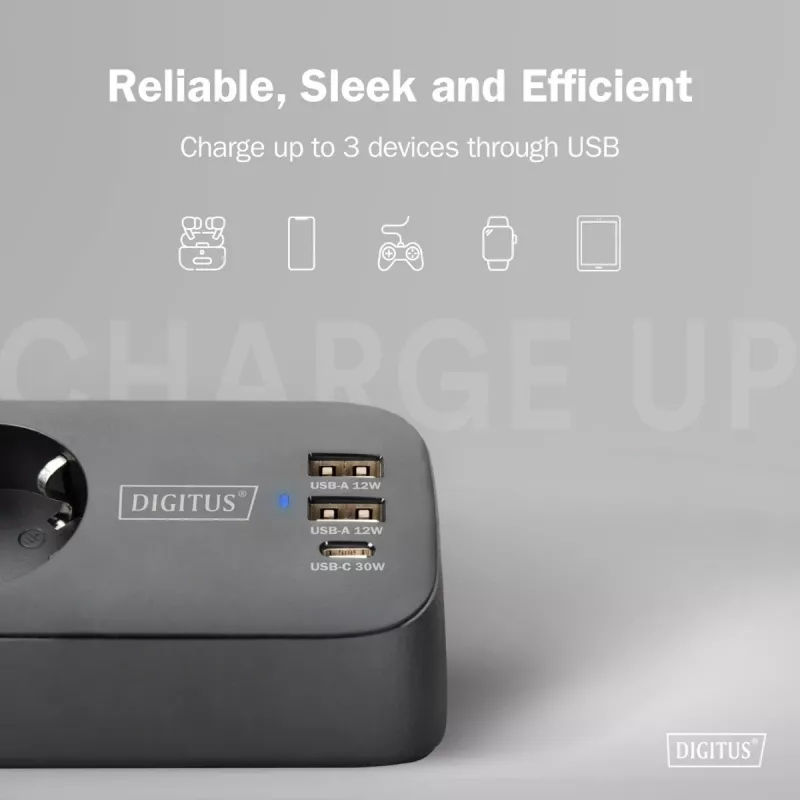 Power strip DIGITUS 3-way with 2×USB-A & 1×USB-C, 3 AC outlets Type E/F, 1.5 m cable, black