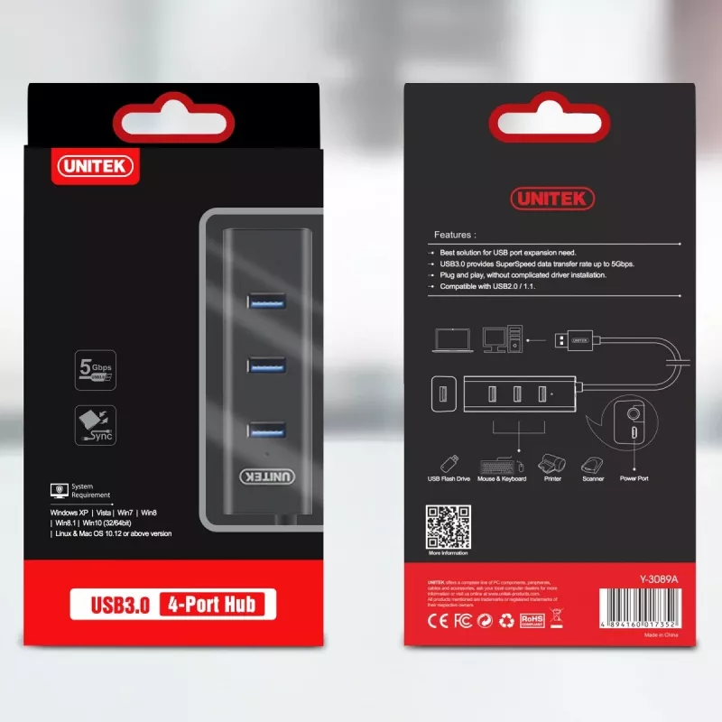 UNITEK Y-3089 interface hub USB 3.2 Gen 1 (3.1 Gen 1) Type-A 5000 Mbit/s Black