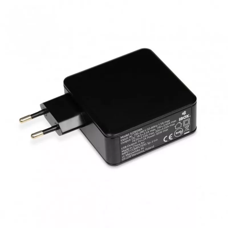 Laptop power adapter IBOX IUZ65WA, AC-to-DC auto 100–240V → 18.5–20.5V, 65W, 1×USB, black