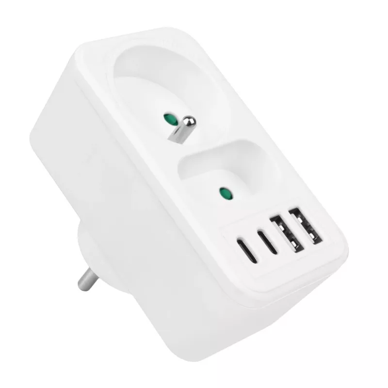 Power splitter MACLEAN MCE249 F/W — 2x mains sockets (16A + 6A) and 4x USB (2x A, 2x C PD 20W)