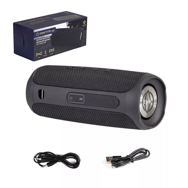 Portable speaker MANTA SPK130GO BT — Bluetooth 5.0, TWS, FM, 10W RMS, rechargeable (black, 8×8×19 cm)