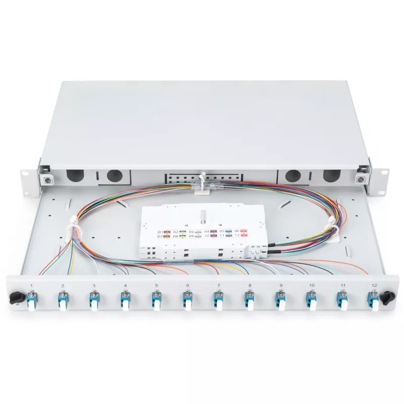 FIBER OPTIC SPLICE BOX LC OS2 1U 12XLC OS2 PIGTAILS COUPLERS