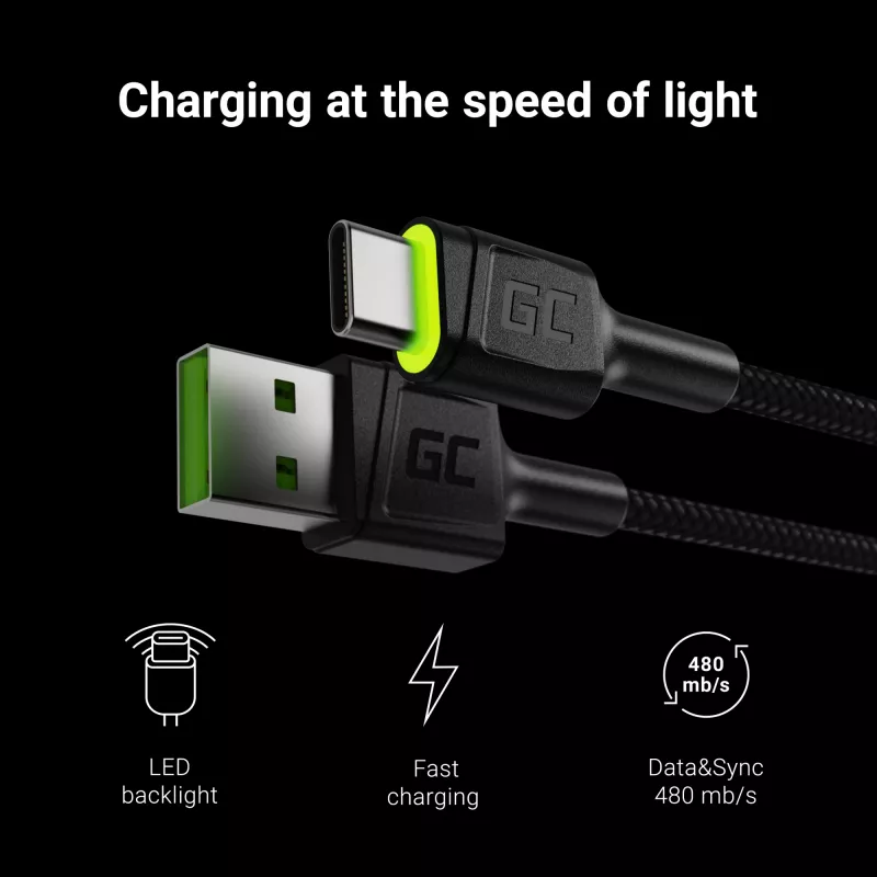 Green Cell KABGC06 USB cable 1.2 m USB A USB C Black