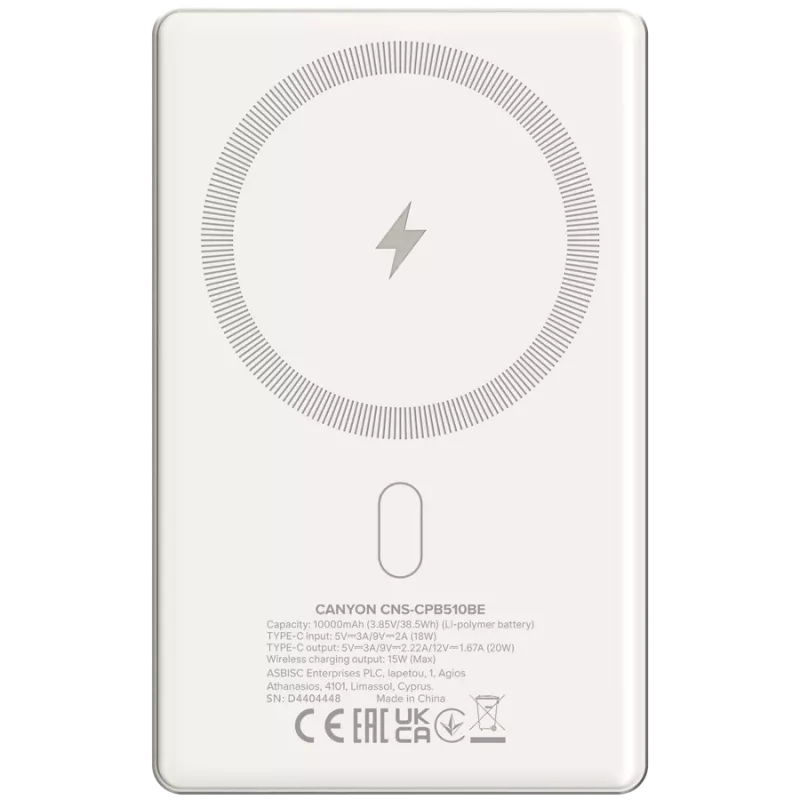 Canyon OnCharge 510 - Powerbank - 10.000 mAh - in USB-C - out USB-C PD 20W + Wireless Magnet